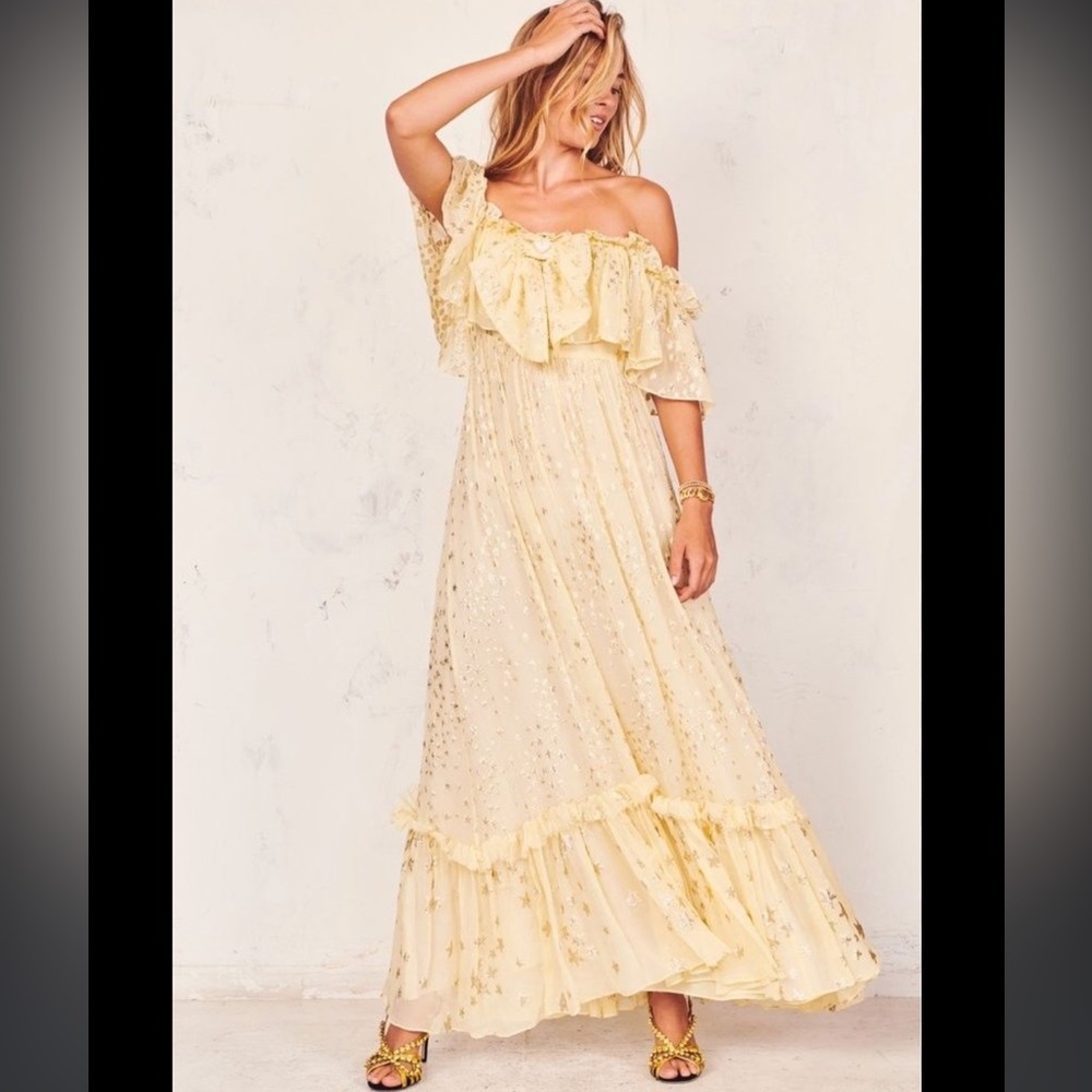 LoveShackFancy off the shoulder chiffon starry maxi dress